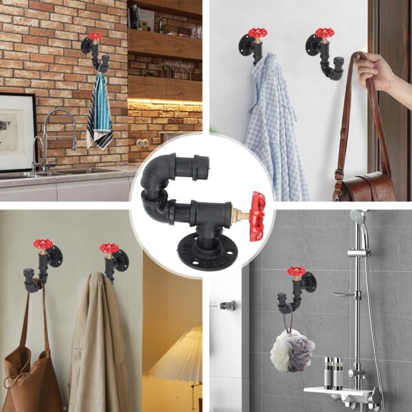 3 Pipe Craft NEXOR – Industrial Valve Wall Hook | Heavy-Duty Iron Pipe U-Shaped Hook with Red Tap Handle for Coats, Bags & Towels | Matte Black Finish