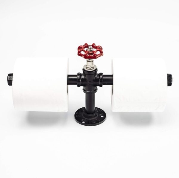 Pipe Craft REDLINQ – 12-inch Industrial Valve Towel & Tissue Holder | Iron Pipe Bar with Red Tap Handle | Rustic Vintage Wall Mounted Hardware | Black Finish
