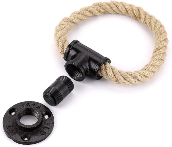 3 Pipe Craft ROPTRA – Rustic Industrial Rope Towel Ring, Heavy-Duty GI Pipe Wall Mounted Hand Towel Holder for Bathroom, Wash Basin and Kitchen, Natural Jute Rope with Matte Black Hardware, Farmhouse Vintage and Industrial Décor