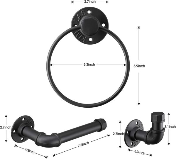 Pipe Craft TRILO – 3-Piece Industrial Bathroom Hardware Set | Towel Ring, Towel Bar & Robe Hook | Heavy-Duty Iron Pipe Fixtures | Matte Black Finish