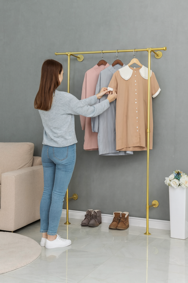 Pipe Craft MINARA GOLD – Luxury Industrial Wall & Floor Mounted Clothing Rack | Heavy-Duty Gold GI Pipe Garment Hanging System for Bedroom, Closet, Boutique & Laundry Rooms | Strong Metal Wardrobe Bar | Premium Gold Finish