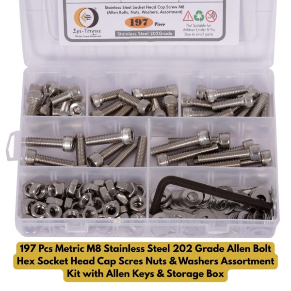 30 Metric M8 Stainless Steel 202 Grade Allen Bolt Hex Socket Head Cap Screws Nuts & Washers Assortment Kit with Allen Keys & Storage Box - 197 Pieces