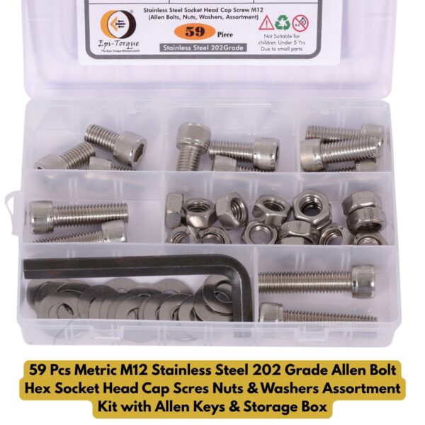 32 Metric M12 Stainless Steel 202 Grade Allen Bolt Hex Socket Head Cap Screws Nuts & Washers Assortment Kit with Allen Keys & Storage Box - 59 Pieces