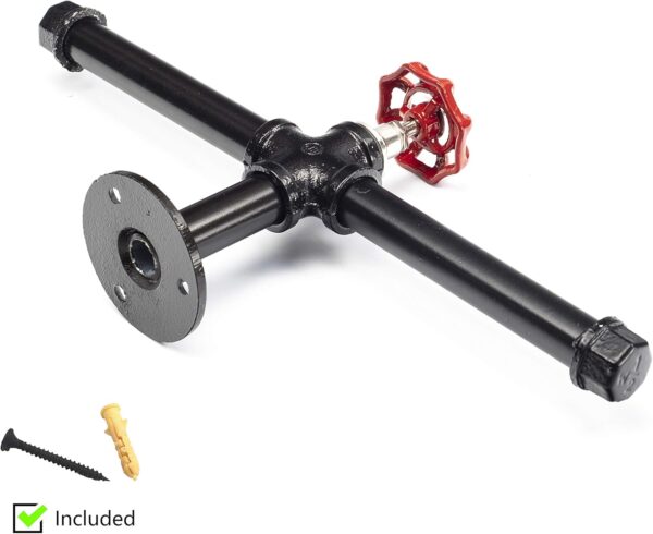 Pipe Craft REDLINQ – 12-inch Industrial Valve Towel & Tissue Holder | Iron Pipe Bar with Red Tap Handle | Rustic Vintage Wall Mounted Hardware | Black Finish