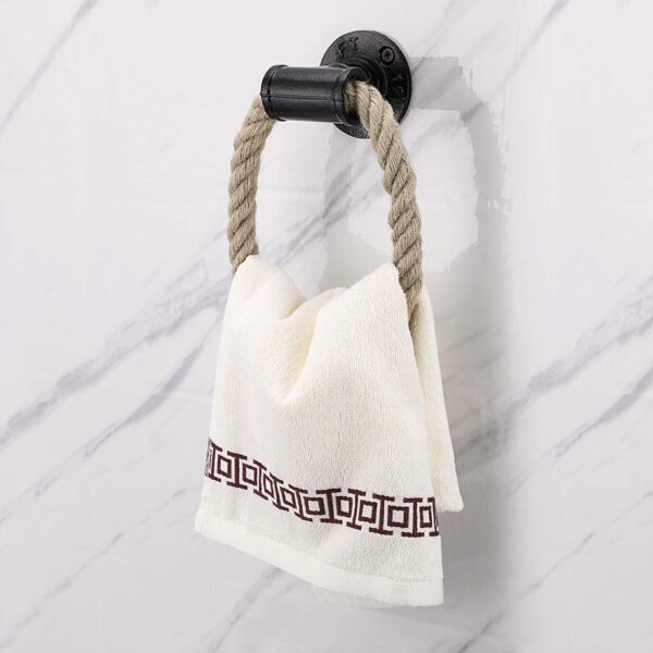 4 Pipe Craft ROPTRA – Rustic Industrial Rope Towel Ring, Heavy-Duty GI Pipe Wall Mounted Hand Towel Holder for Bathroom, Wash Basin and Kitchen, Natural Jute Rope with Matte Black Hardware, Farmhouse Vintage and Industrial Décor