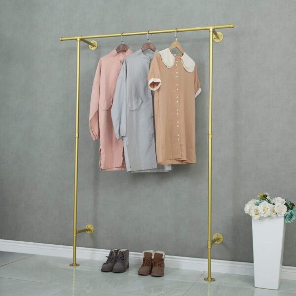 Pipe Craft MINARA GOLD – Luxury Industrial Wall & Floor Mounted Clothing Rack | Heavy-Duty Gold GI Pipe Garment Hanging System for Bedroom, Closet, Boutique & Laundry Rooms | Strong Metal Wardrobe Bar | Premium Gold Finish