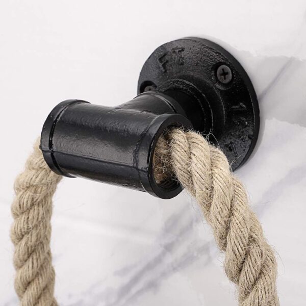 5 Pipe Craft ROPTRA – Rustic Industrial Rope Towel Ring, Heavy-Duty GI Pipe Wall Mounted Hand Towel Holder for Bathroom, Wash Basin and Kitchen, Natural Jute Rope with Matte Black Hardware, Farmhouse Vintage and Industrial Décor