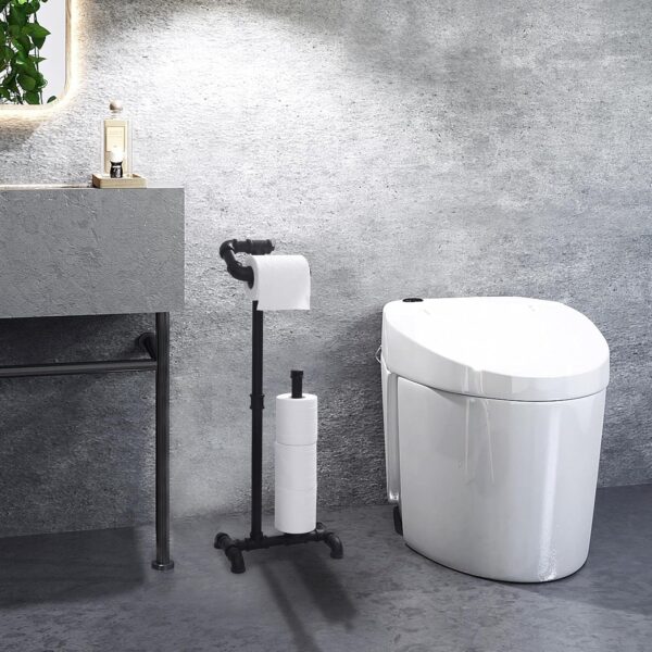 6 Pipe Craft GRUNDO – Industrial Free-Standing Toilet Paper Holder with Storage | Heavy-Duty Iron Pipe Bathroom Stand | Fits Standard & Jumbo Rolls | Matte Black Rustic Design