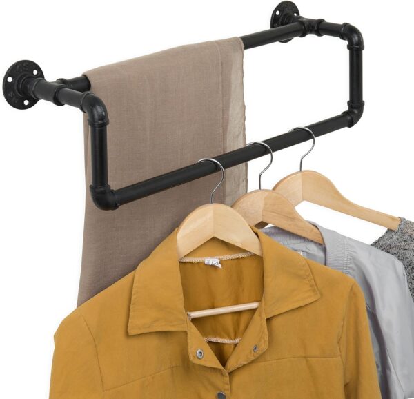 Pipe Craft STACKRO – Industrial Double-Layer Iron Pipe Clothing Rack | Wall Mounted Garment Bar & Towel Holder | Heavy-Duty Rustic Closet Organizer | Matte Black Finish