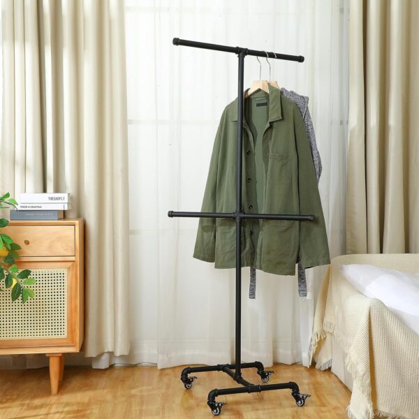 Pipe Craft TORIX – Double-Bar Industrial Clothing Rack with Wheels | Heavy-Duty GI Pipe Garment Stand | Rolling Wardrobe Organizer for Home & Retail | Matte Black Finish