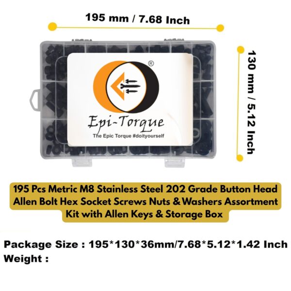 65 Metric M8 Stainless Steel 202 Grade Button Head Allen Bolt Hex Socket Screws Nuts & Washers Assortment Kit with Allen Keys & Storage Box - 195 Pieces