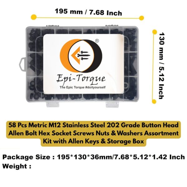 67 Metric M12 Stainless Steel 202 Grade Button Head Allen Bolt Hex Socket Screws Nuts & Washers Assortment Kit with Allen Keys & Storage Box - 58 Pieces