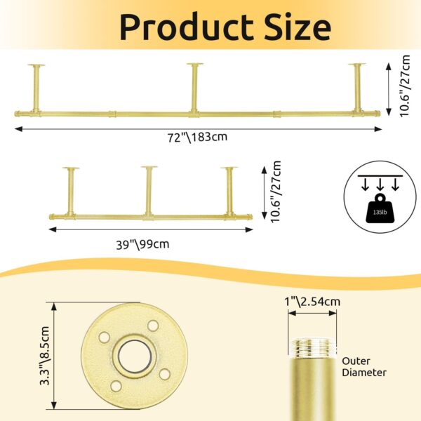 Pipe Craft SKYLINQ GOLD – Extra-Long Luxury Industrial Ceiling Mounted Clothing Rack, Heavy-Duty Gold GI Pipe Overhead Garment Hanging System for Bedroom, Closet, Walk-In Wardrobe, Laundry Room, Boutique and Retail Display, Premium Gold Finish