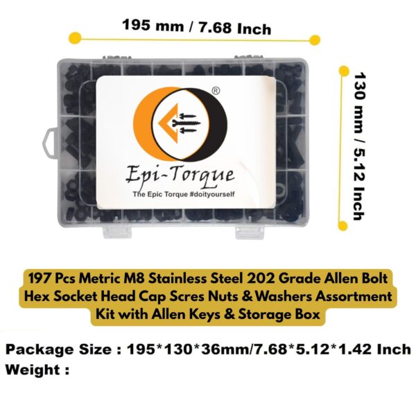 74 Metric M8 Stainless Steel 202 Grade Allen Bolt Hex Socket Head Cap Screws Nuts & Washers Assortment Kit with Allen Keys & Storage Box - 197 Pieces