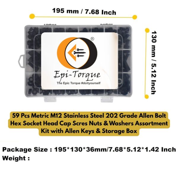 76 Metric M12 Stainless Steel 202 Grade Allen Bolt Hex Socket Head Cap Screws Nuts & Washers Assortment Kit with Allen Keys & Storage Box - 59 Pieces