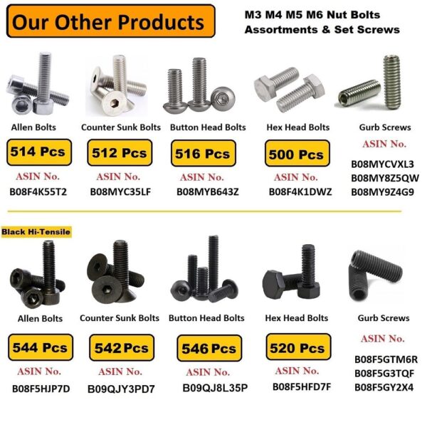 M3M4M5M6 (3) Metric M8 Stainless Steel 202 Grade Allen Bolt Hex Socket Head Cap Screws Nuts & Washers Assortment Kit with Allen Keys & Storage Box - 197 Pieces