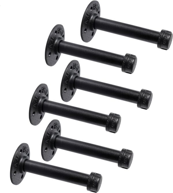 Pipe Craft HOLDY – 1/2” Industrial Pipe Shelf Brackets (Set of 6) | Rustic Wall Mounted DIY Floating Shelf Brackets | Heavy-Duty Iron Pipe Design for 6–12 Inch Boards | Matte Black Finish