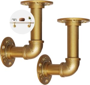 1 Pipe Craft AURIX – 3/4” Industrial Pipe Shelf Brackets (Set of 2) | Gold Finish Heavy-Duty Iron L Brackets for 8–14 Inch Boards | Floating Shelf Hardware with Screws | Rustic Industrial Design