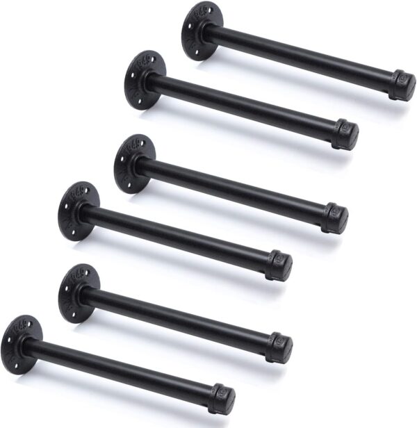 Pipe Craft HOLDY – 1/2” Industrial Pipe Shelf Brackets (Set of 6) | Rustic Wall Mounted DIY Floating Shelf Brackets | Heavy-Duty Iron Pipe Design for 6–12 Inch Boards | Matte Black Finish