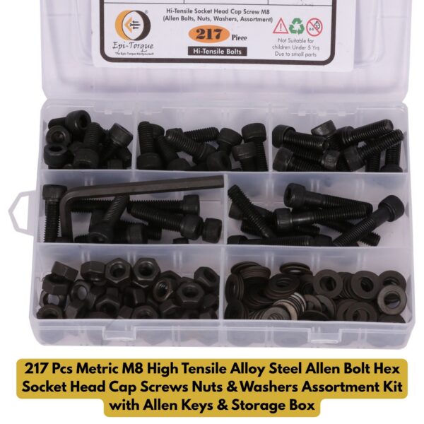 16 Metric M8 High Tensile Alloy Steel Allen Bolt Hex Socket Head Cap Screws Nuts & Washers Assortment Kit with Allen Keys & Storage Box - 217 Pieces