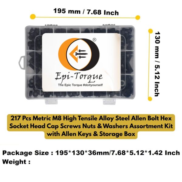 60 Metric M8 High Tensile Alloy Steel Allen Bolt Hex Socket Head Cap Screws Nuts & Washers Assortment Kit with Allen Keys & Storage Box - 217 Pieces